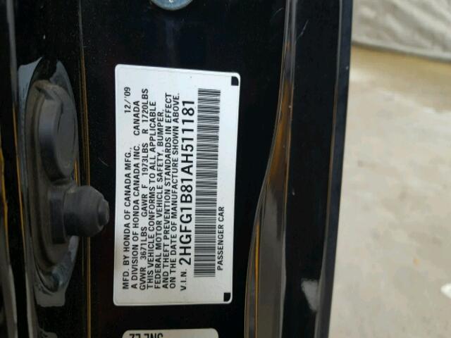 2HGFG1B81AH511181 - 2010 HONDA CIVIC EX შავი ფოტო 10