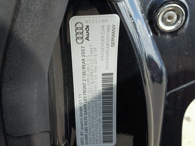 WUAVNAFG6BN001986 - 2011 AUDI R8 5.2 QUA BLACK photo 10