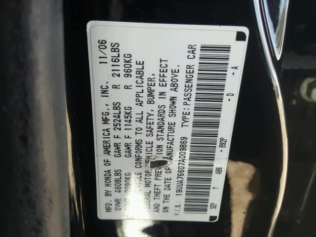 19UUA76607A009869 - 2007 ACURA TL TYPE S BLACK photo 10