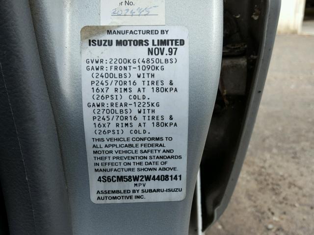 4S6CM58W2W4408141 - 1998 HONDA PASSPORT E SILVER photo 10