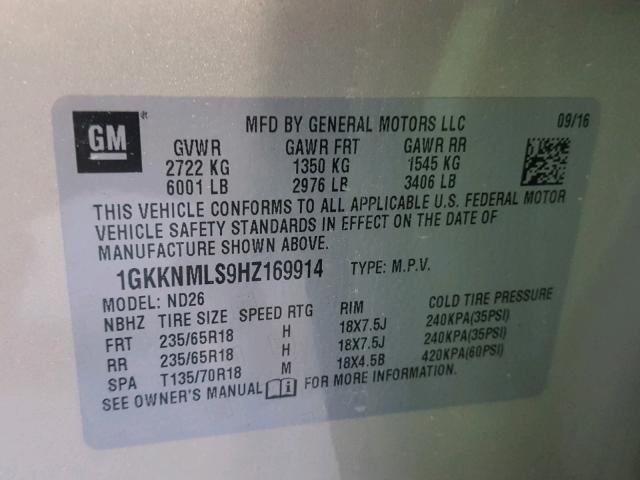 1GKKNMLS9HZ169914 - 2017 GMC ACADIA SLT ბეჟი ფოტო 10