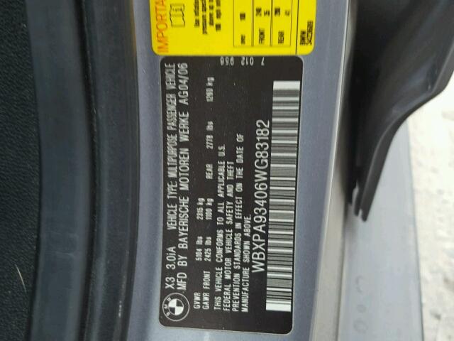 WBXPA93406WG83182 - 2006 BMW X3 3.0I GRAY photo 10