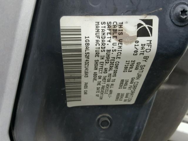 1G8AL52F43Z141643 - 2003 SATURN ION LEVEL SILVER photo 10