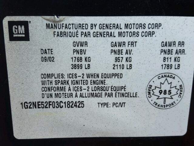 1G2NE52F03C182425 - 2003 PONTIAC GRAND AM S BLACK photo 10