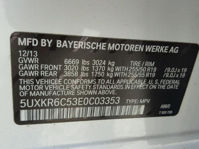 5UXKR6C53E0C03353 - 2014 BMW X5 XDRIVE5 WHITE photo 10