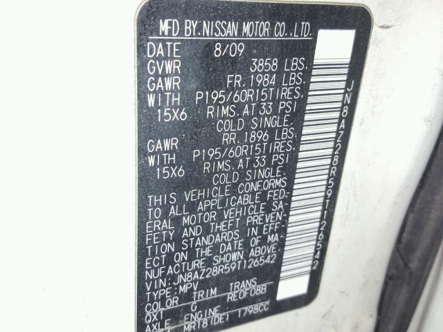 JN8AZ28R59T126542 - 2009 NISSAN CUBE BASE WHITE photo 10