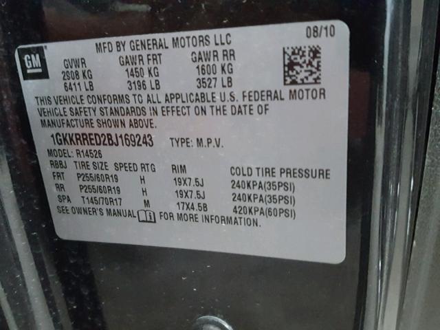 1GKKRRED2BJ169243 - 2011 GMC ACADIA SLT შავი ფოტო 10