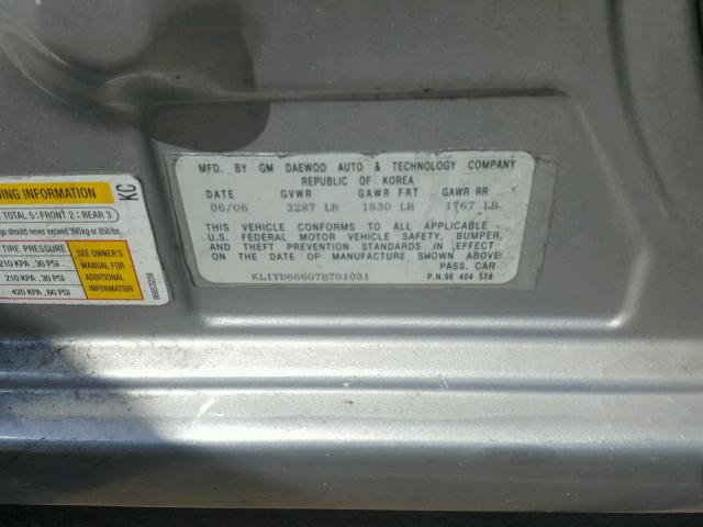 KL1TD66607B701031 - 2007 CHEVROLET AVEO BASE Күміс фото 10