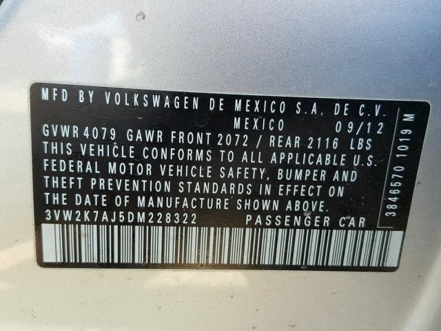 3VW2K7AJ5DM228322 - 2013 VOLKSWAGEN JETTA BASE 银色 照片 10