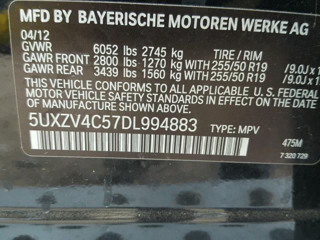 5UXZV4C57DL994883 - 2013 BMW X5 XDRIVE3 BLACK photo 10
