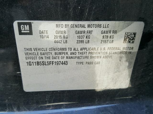1G11B5SL5FF197443 - 2015 CHEVROLET MALIBU LS შავი ფოტო 10