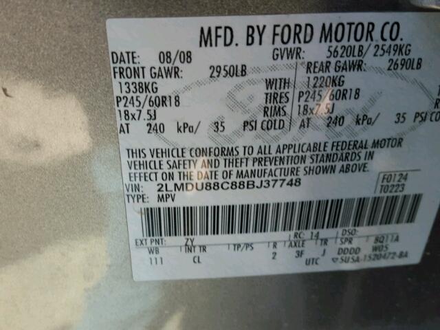 2LMDU88C88BJ37748 - 2008 LINCOLN MKX SILVER photo 10