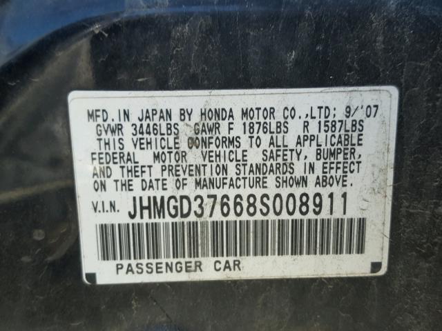 JHMGD37668S008911 - 2008 HONDA FIT SPORT BLACK photo 10