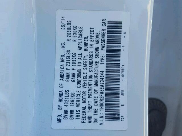 1HGCR2F88EA234644 - 2014 HONDA ACCORD EXL WHITE photo 10