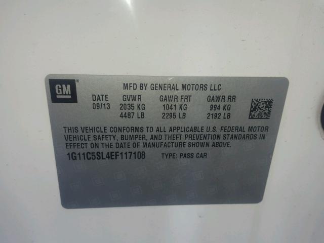 1G11C5SL4EF117108 - 2014 CHEVROLET MALIBU 1LT 白色 照片 10