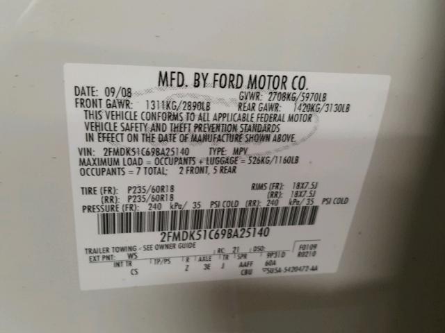 2FMDK51C69BA25140 - 2009 FORD FLEX SE WHITE photo 10