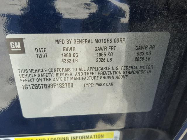 1G1ZG57B98F182760 - 2008 CHEVROLET MALIBU LS 蓝色 照片 10