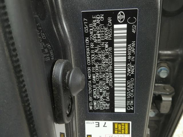 JTDKARFP8H3020778 - 2017 TOYOTA PRIUS PRIM გრაფიტი ფოტო 10