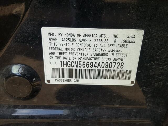 1HGCM56694A090728 - 2004 HONDA ACCORD EX BLACK photo 10