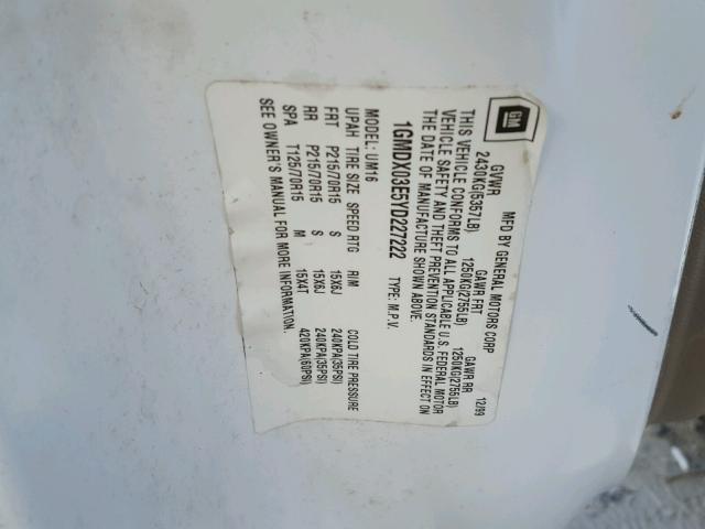 1GMDX03E5YD227222 - 2000 PONTIAC MONTANA WHITE photo 10