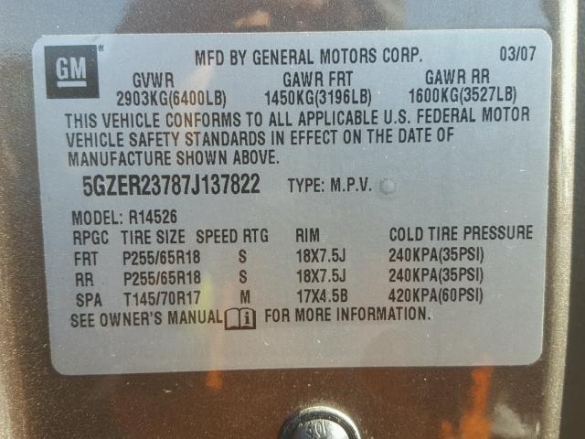 5GZER23787J137822 - 2007 SATURN OUTLOOK XR ყავისფერი ფოტო 10