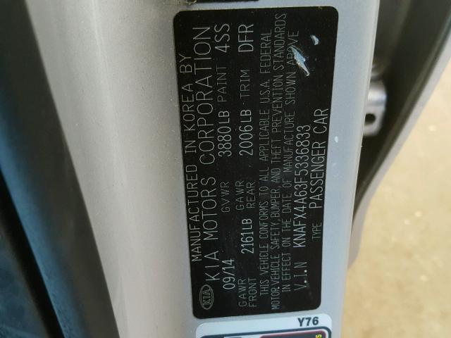 KNAFX4A63F5336833 - 2015 KIA FORTE LX SILVER photo 10