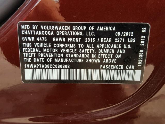 1VWAP7A38CC086868 - 2012 VOLKSWAGEN PASSAT S MAROON photo 10