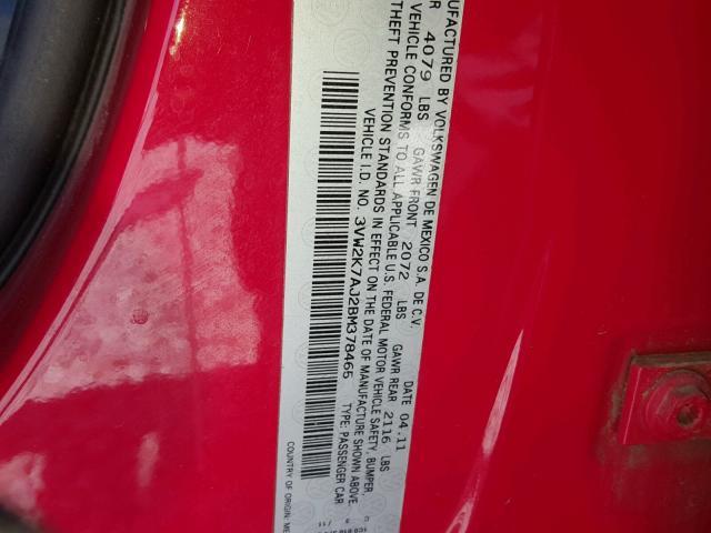 3VW2K7AJ2BM378465 - 2011 VOLKSWAGEN JETTA BASE 红色 照片 10