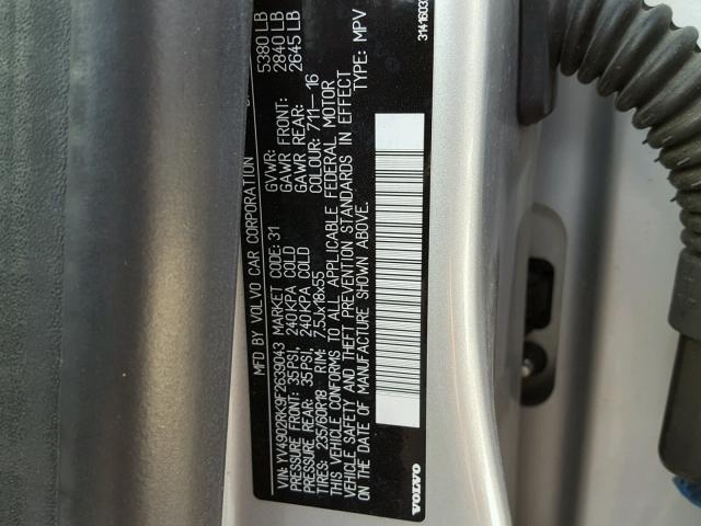 YV4902RK9F2639043 - 2015 VOLVO XC60 T6 SILVER photo 10