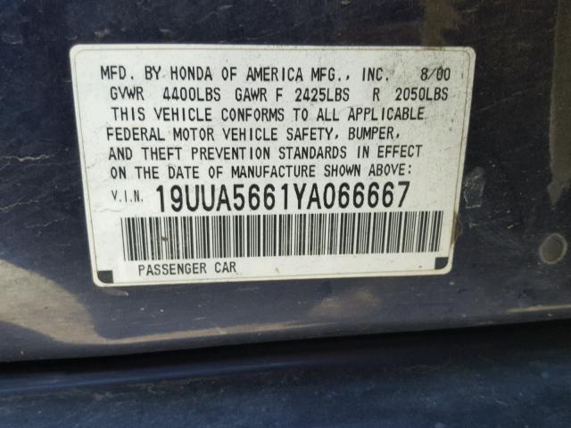 19UUA5661YA066667 - 2000 ACURA 3.2TL BLUE photo 10