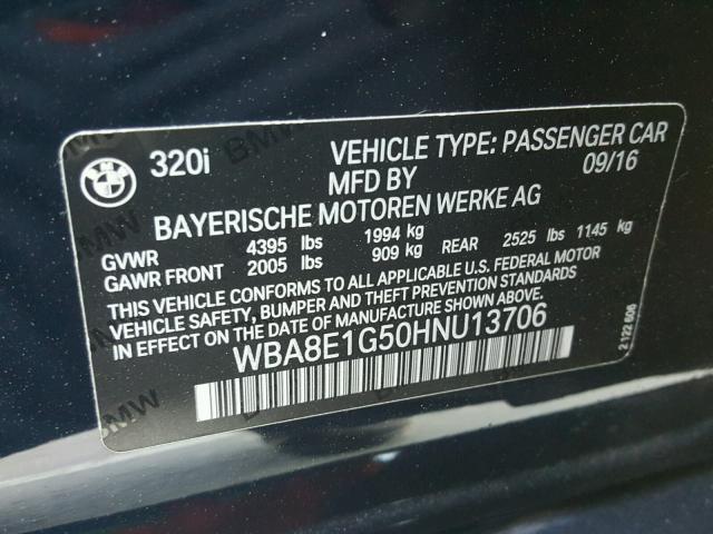 WBA8E1G50HNU13706 - 2017 BMW 320 I BLUE photo 10