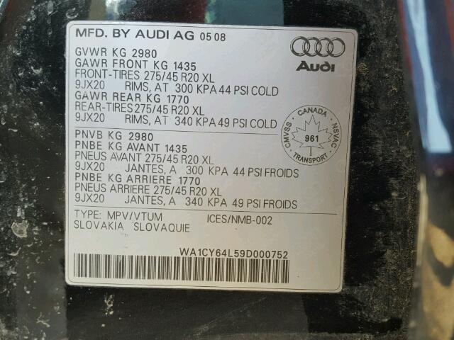 WA1CY64L59D000752 - 2009 AUDI Q7 3.6 QUA BLACK photo 10