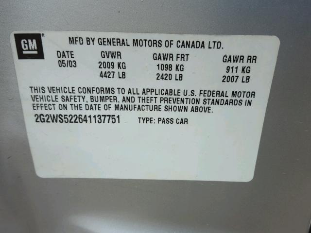 2G2WS522641137751 - 2004 PONTIAC GRAND PRIX SILVER photo 10