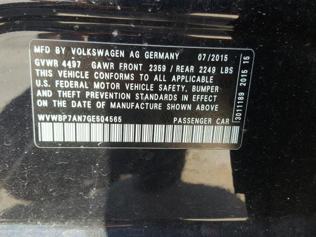 WVWBP7AN7GE504565 - 2016 VOLKSWAGEN CC BASE BLACK photo 10