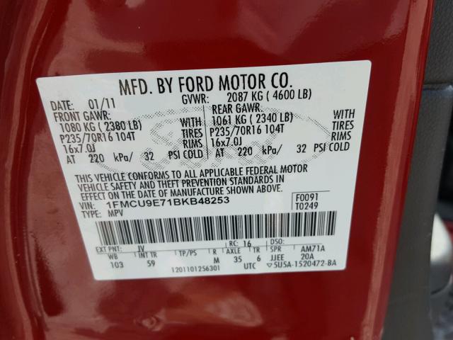 1FMCU9E71BKB48253 - 2011 FORD ESCAPE LIM RED photo 10