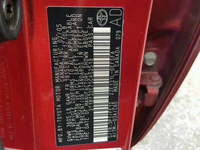 2T1BY32E75C452519 - 2005 TOYOTA COROLLA XR 红色 照片 10