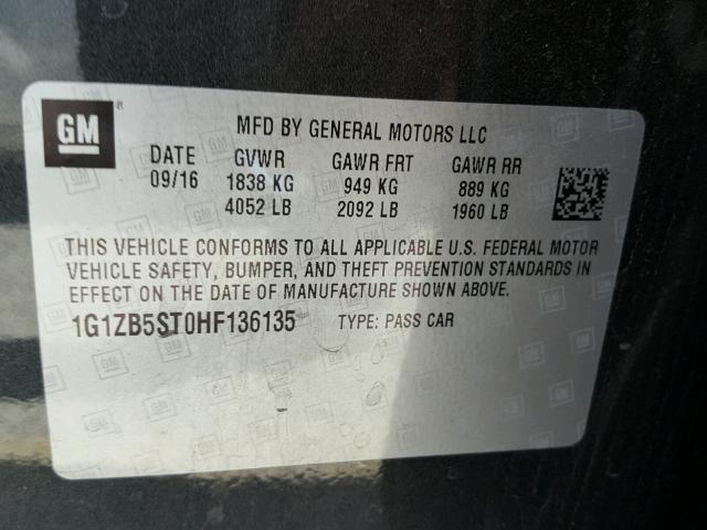 1G1ZB5ST0HF136135 - 2017 CHEVROLET MALIBU LS გრაფიტი ფოტო 10