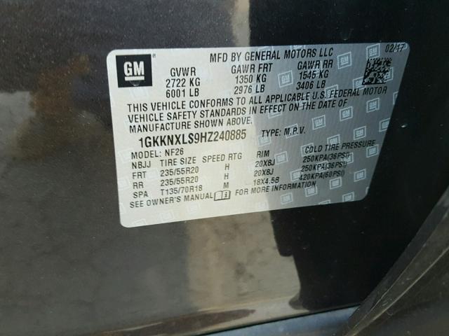 1GKKNXLS9HZ240885 - 2017 GMC ACADIA DEN CHARCOAL photo 10