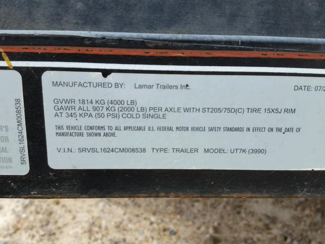 5RVSL1624CM008538 - 2012 LAMA TRAILER BLACK photo 10