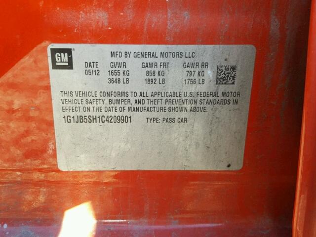 1G1JB5SH1C4209901 - 2012 CHEVROLET SONIC LS 红色 照片 10