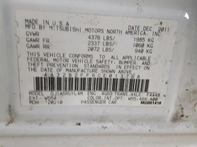 4A32B2FF6CE013768 - 2012 MITSUBISHI GALANT FE WHITE photo 10