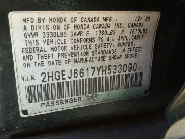 2HGEJ6617YH533090 - 2000 HONDA CIVIC BASE 绿色 照片 10