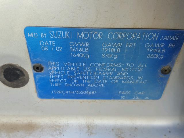 JS2RC41H735204687 - 2003 SUZUKI AERIO SX SILVER photo 10