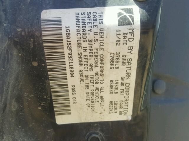 1G8AJ52F93Z118204 - 2003 SATURN ION LEVEL ვერცხლისფერი ფოტო 10