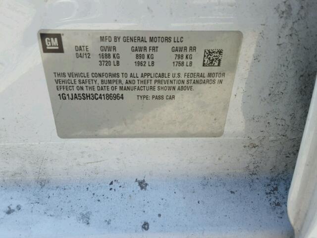 1G1JA5SH3C4186964 - 2012 CHEVROLET SONIC LS 白色 照片 10