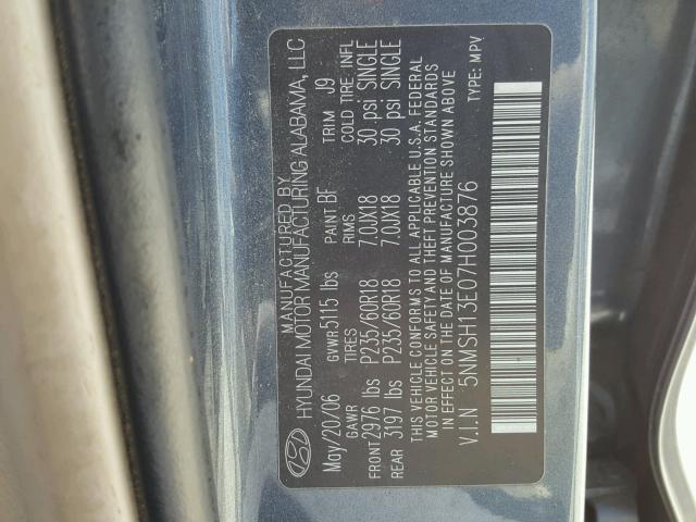 5NMSH13E07H003876 - 2007 HYUNDAI SANTA FE S BLUE photo 10