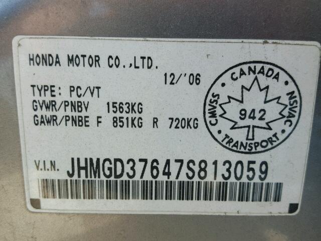 JHMGD37647S813059 - 2007 HONDA FIT S SILVER photo 10