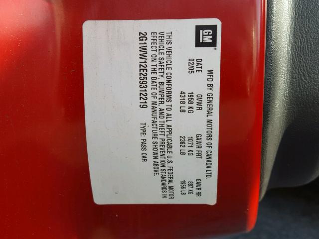 2G1WW12E259312219 - 2005 CHEVROLET MONTE CARL 红色 照片 10