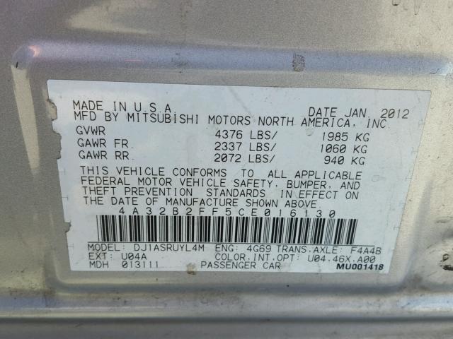 4A32B2FF5CE016130 - 2012 MITSUBISHI GALANT FE SILVER photo 10