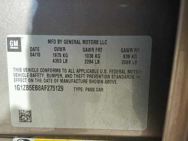 1G1ZB5EB8AF275129 - 2010 CHEVROLET MALIBU LS ყავისფერი ფოტო 10